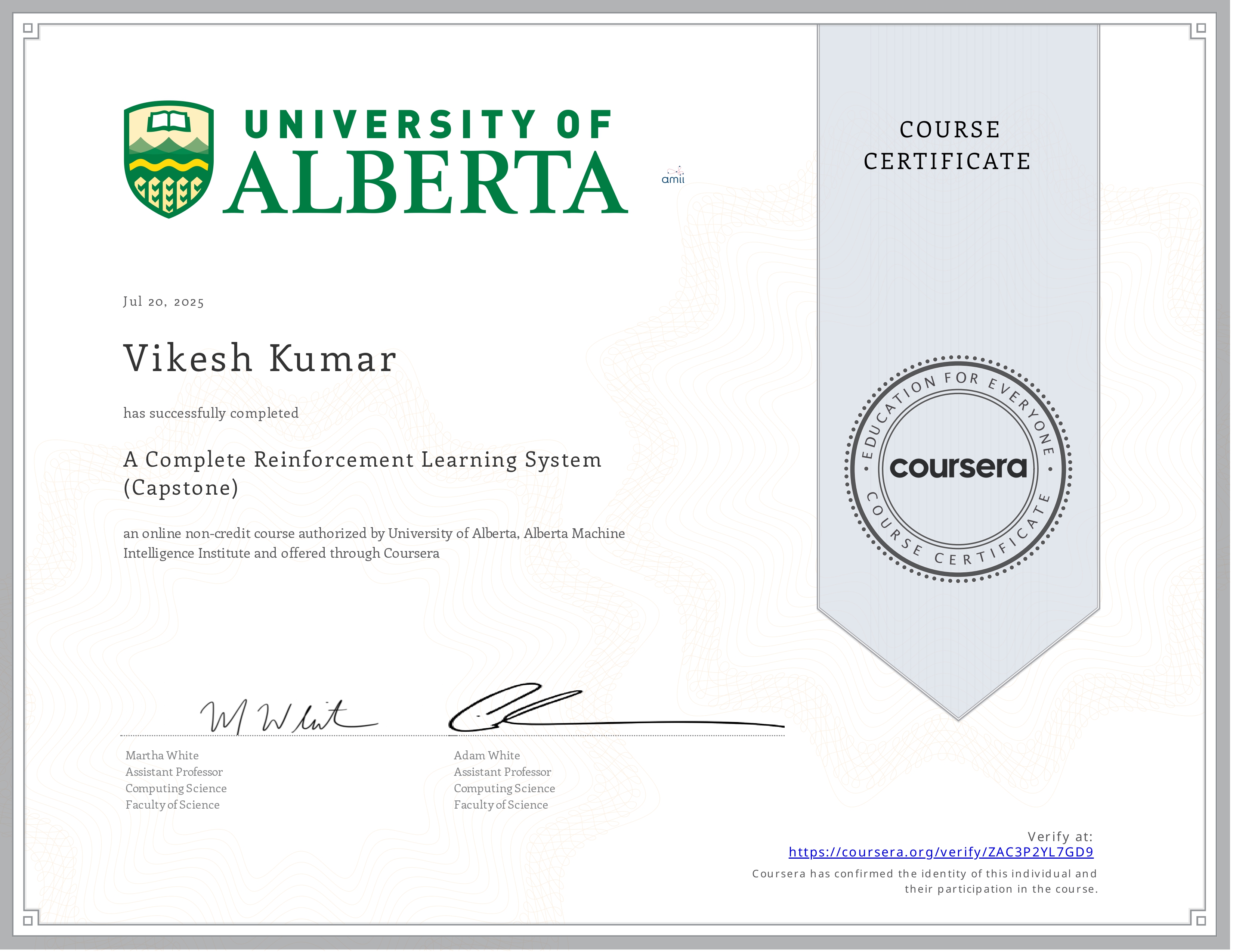 Reinforcement Learning Certificate